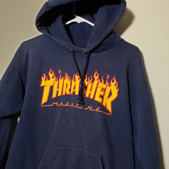 THRASHER‎ MAGAZINE x VINTAGE flame logo navy pull over hoodie size Small - Picture 9 of 10